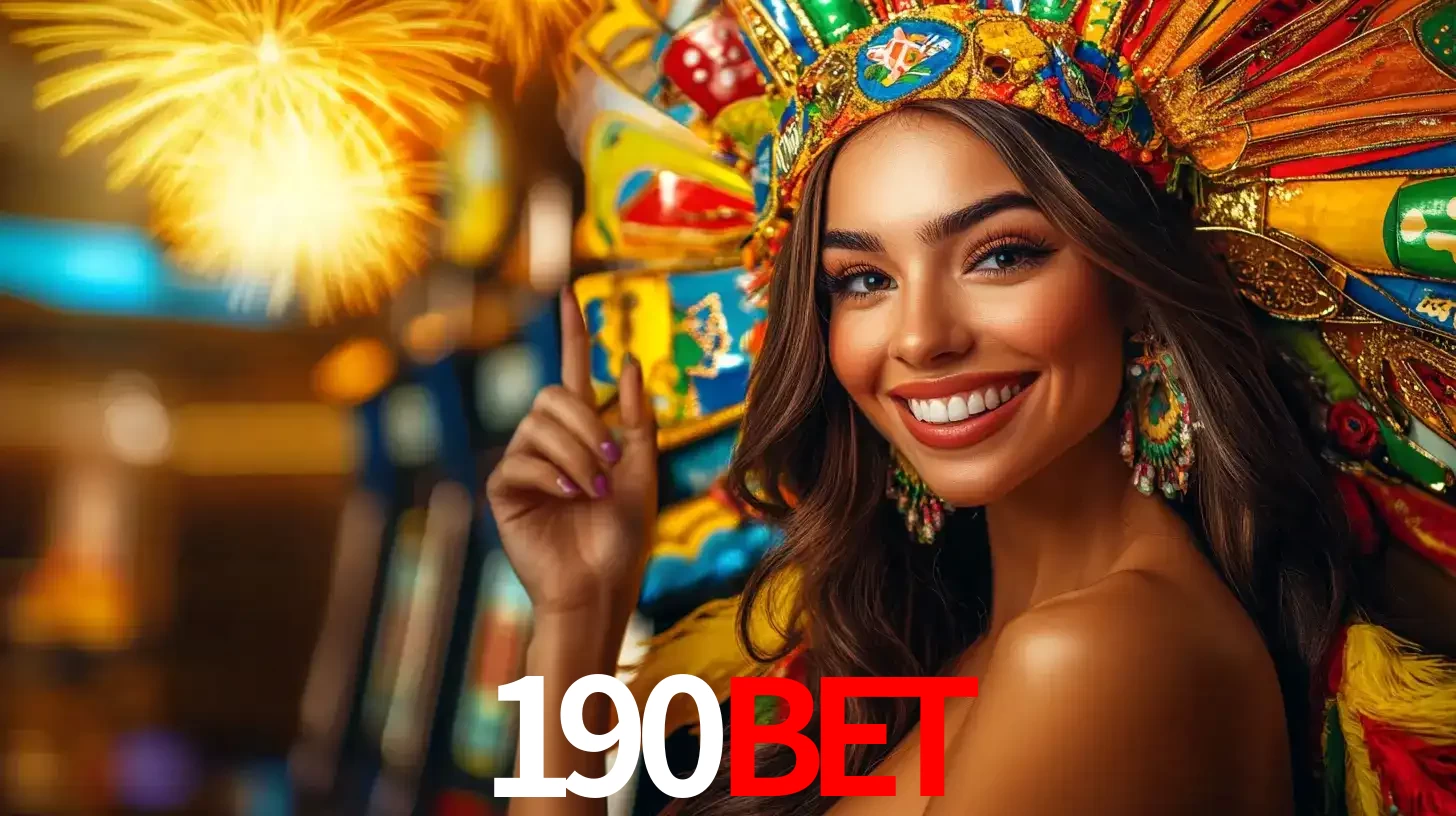 Mulher sorridente com um cocar de carnaval vibrante e colorido, celebrando uma grande vitória nos jogos do cassino 190bet com fogos de artifício ao fundo.