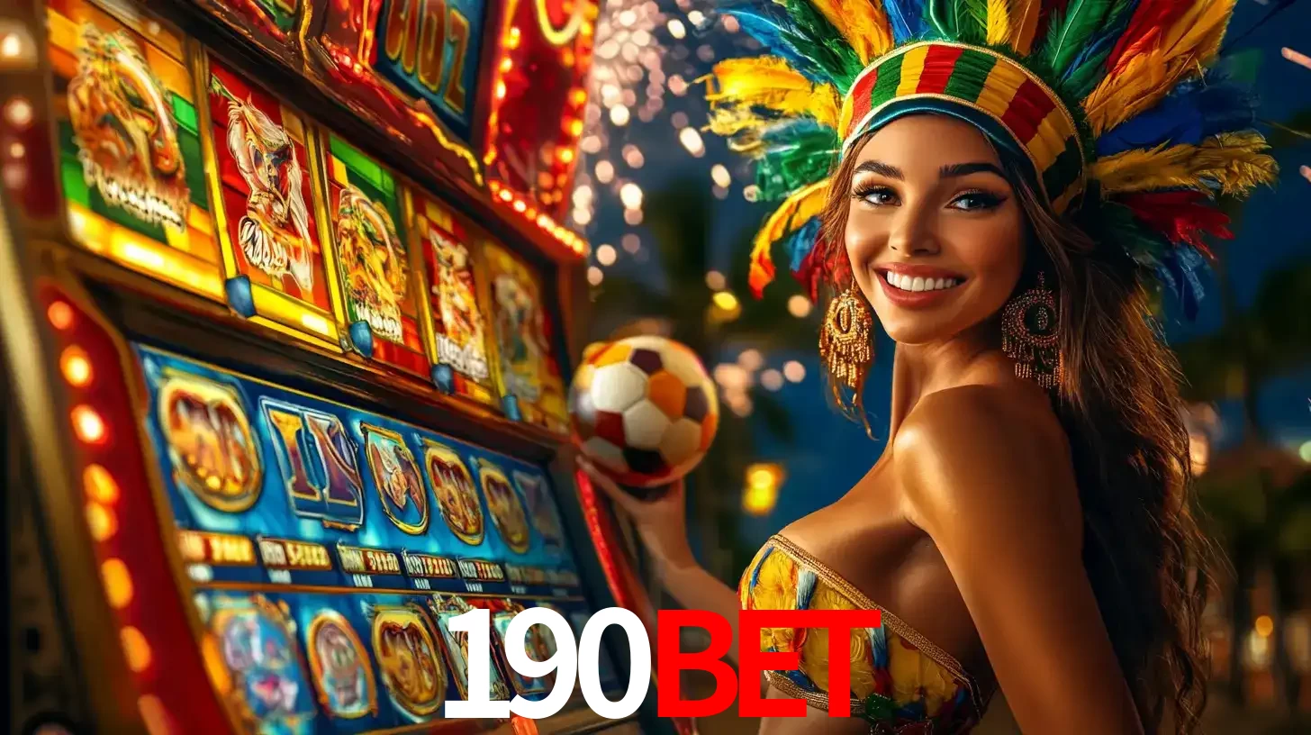 Mulher com um cocar de carnaval ao lado de uma máquina de caça-níqueis enquanto segura uma bola de futebol, mostrando a união da diversão de cassino e esportes no 190bet.