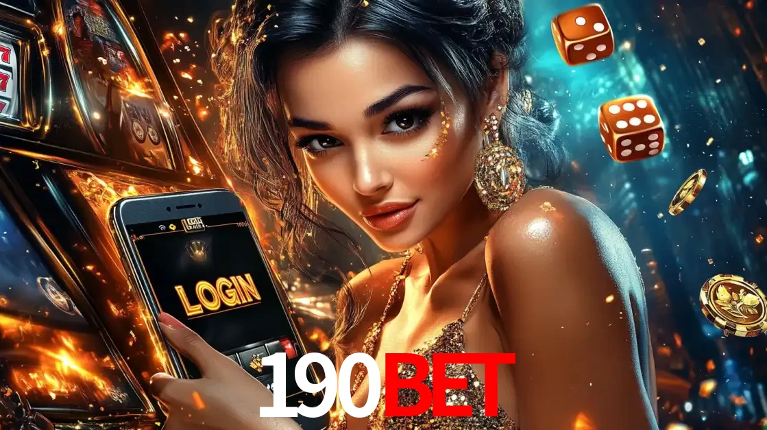 Mulher glamourosa segurando um celular com a tela de login do cassino 190bet, rodeada por dados e moedas douradas, pronta para começar a diversão.