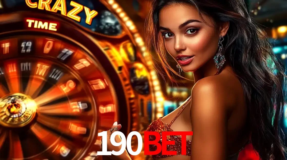 Mulher ao lado da roda de prêmios do jogo de cassino ao vivo Crazy Time, um dos shows de jogos mais emocionantes oferecidos pela plataforma de apostas 190bet.