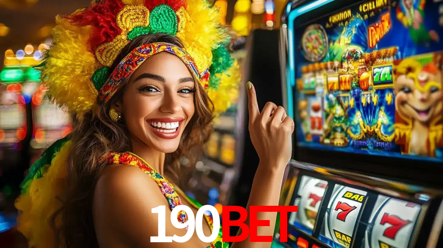 Mulher animada com um cocar de carnaval apontando para uma máquina de caça-níqueis, mostrando a emoção de ganhar um grande prêmio nos jogos do 190bet.
