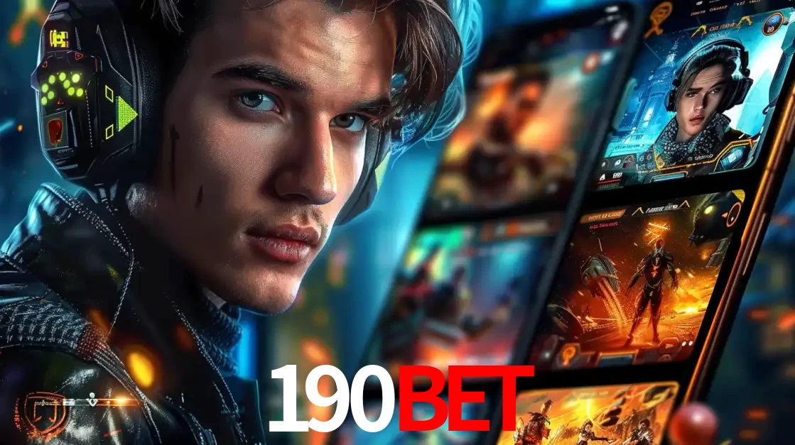 Jovem jogador com fones de ouvido olhando para a câmera, com um aplicativo de jogos e e-sports para celular ao fundo, pronto para a competição e apostas no 190bet.