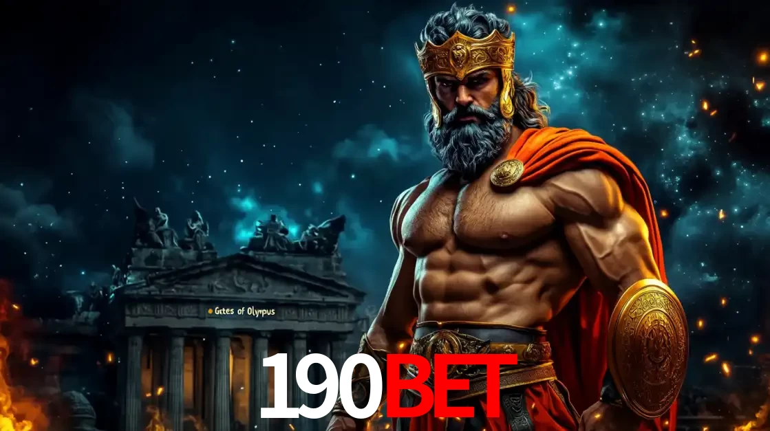 O poderoso Zeus do jogo de slot Gates of Olympus em frente ao seu templo, pronto para lançar multiplicadores divinos e prêmios épicos no cassino online 190bet.