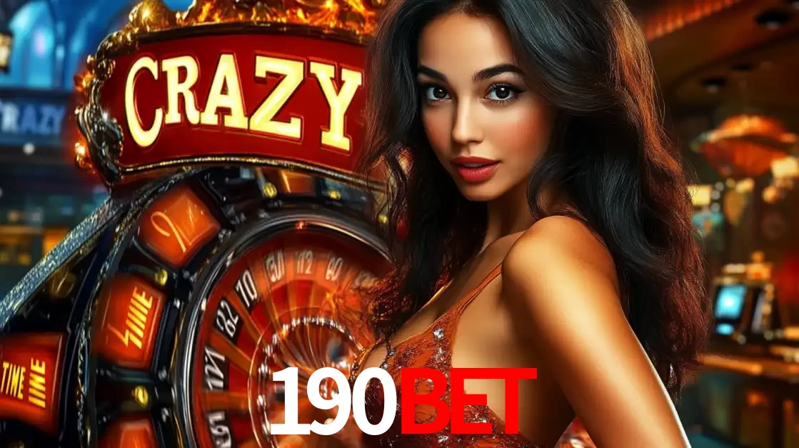 Mulher glamourosa olhando para a câmera com a roda vermelha do Crazy Time ao fundo em um ambiente de cassino, destacando a emoção dos jogos ao vivo no 190bet.