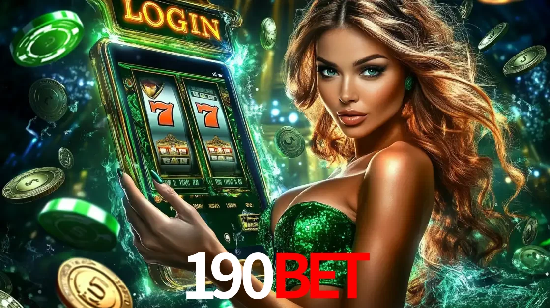 Mulher com tema verde apresentando o aplicativo do cassino 190bet com um jogo de slot de 777, cercada por fichas de cassino e uma aura de sorte.