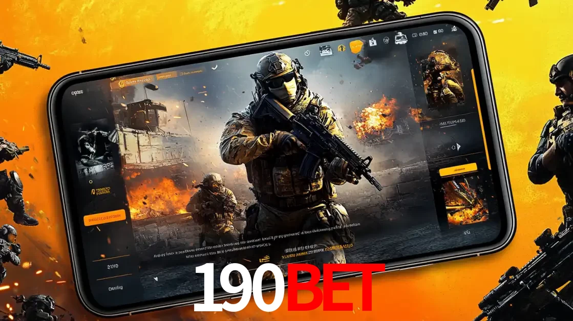 Um smartphone exibindo a interface de um jogo de tiro em primeira pessoa, com um soldado em um cenário de batalha, representando a ação dos e-sports para apostar no 190bet.