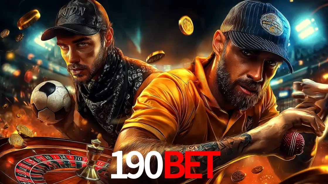 Montagem de apostas esportivas e cassino no 190bet, com um homem segurando uma bola de futebol e outro uma de beisebol sobre uma roleta e moedas voadoras.