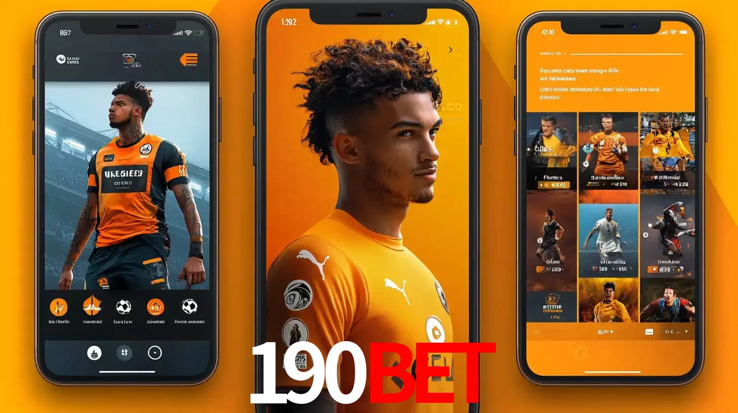 Interface do aplicativo de apostas esportivas 190bet em três telas de celular, mostrando o perfil de um jogador de futebol e a lista de jogos disponíveis para apostar.