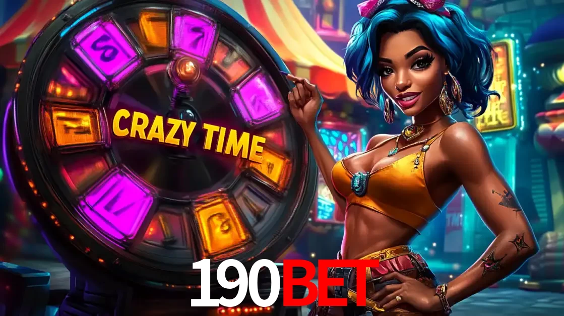 Mulher estilizada com cabelo azul e visual vibrante posando ao lado da roda de prêmios do game show Crazy Time, convidando para a diversão e os bônus do cassino 190bet.