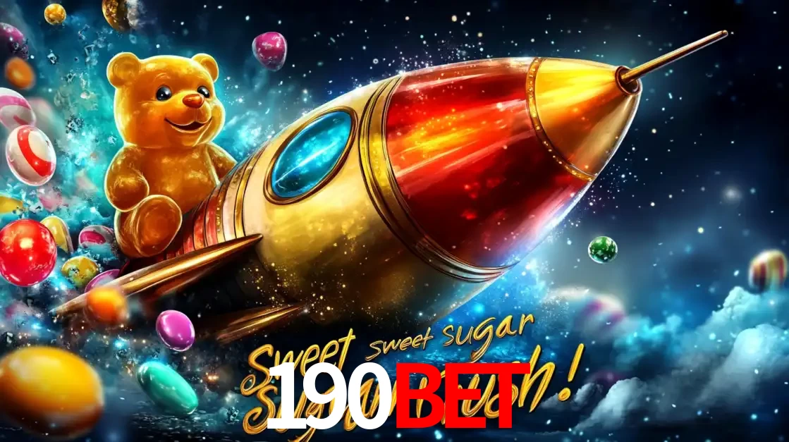 Arte promocional do jogo de slot Sugar Rush, com um urso de pelúcia em um foguete viajando pelo espaço de doces, um dos jogos divertidos disponíveis no cassino 190bet.