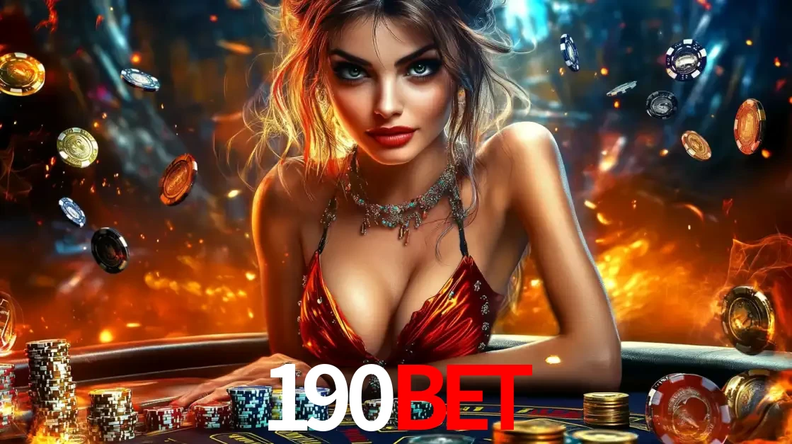 Mulher em uma mesa de cassino com pilhas de fichas e um fundo de fogo, pronta para uma rodada de altas apostas nos jogos de mesa emocionantes do cassino 190bet.