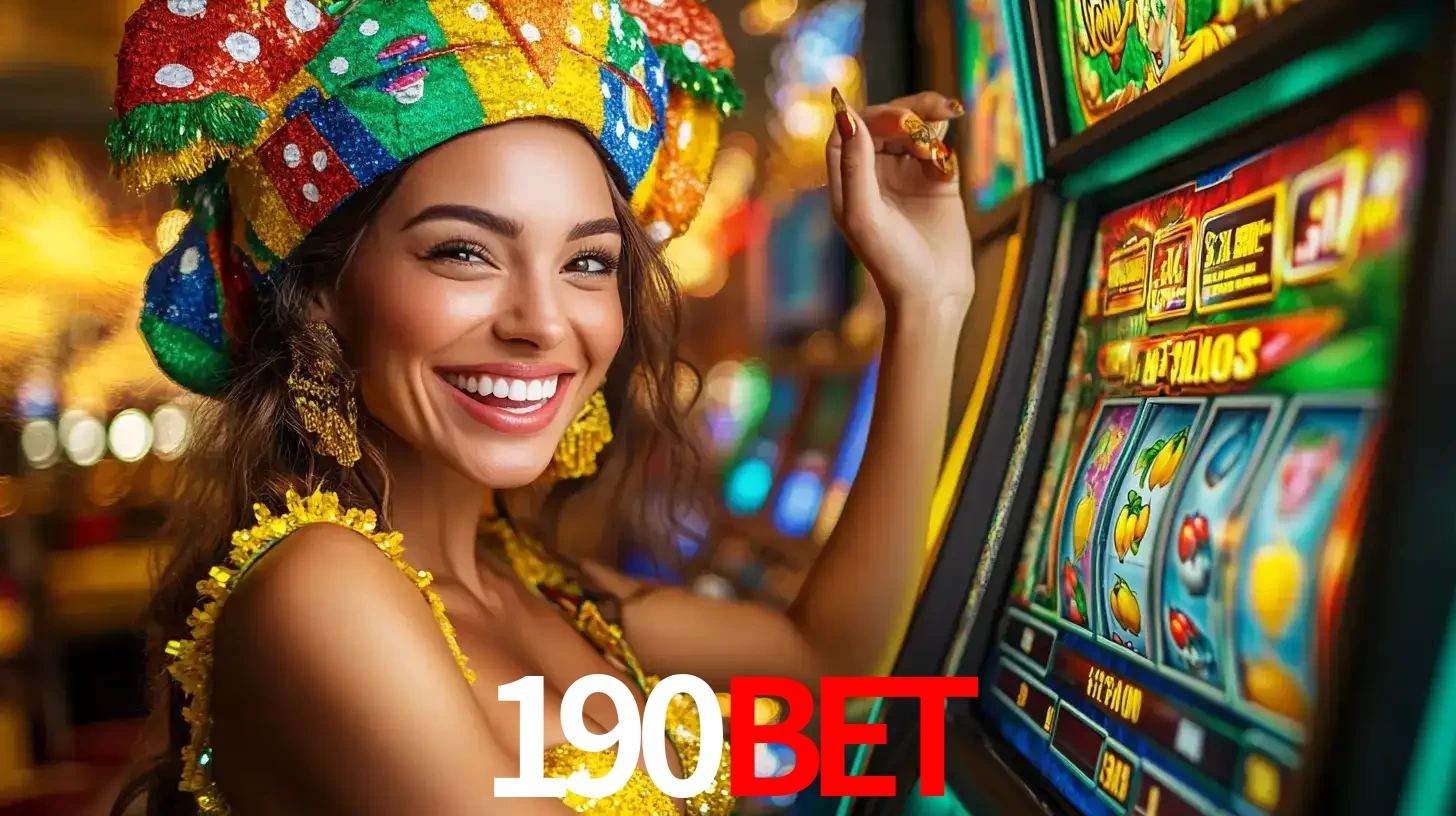 Mulher feliz com traje de carnaval amarelo e colorido ao lado de uma máquina de caça-níqueis, aproveitando a diversão e os jogos temáticos do cassino 190bet.