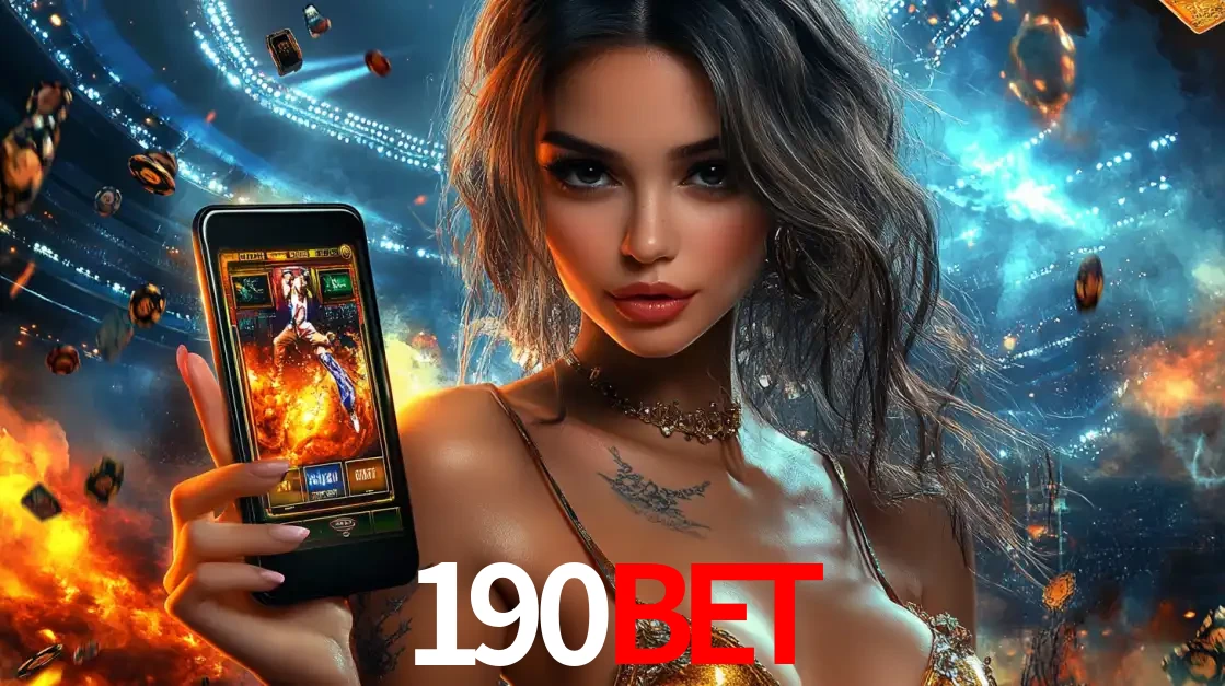 Mulher segurando um celular com um jogo de slot em destaque, tendo como fundo um estádio vibrante, simbolizando a emoção de jogar no cassino móvel 190bet.