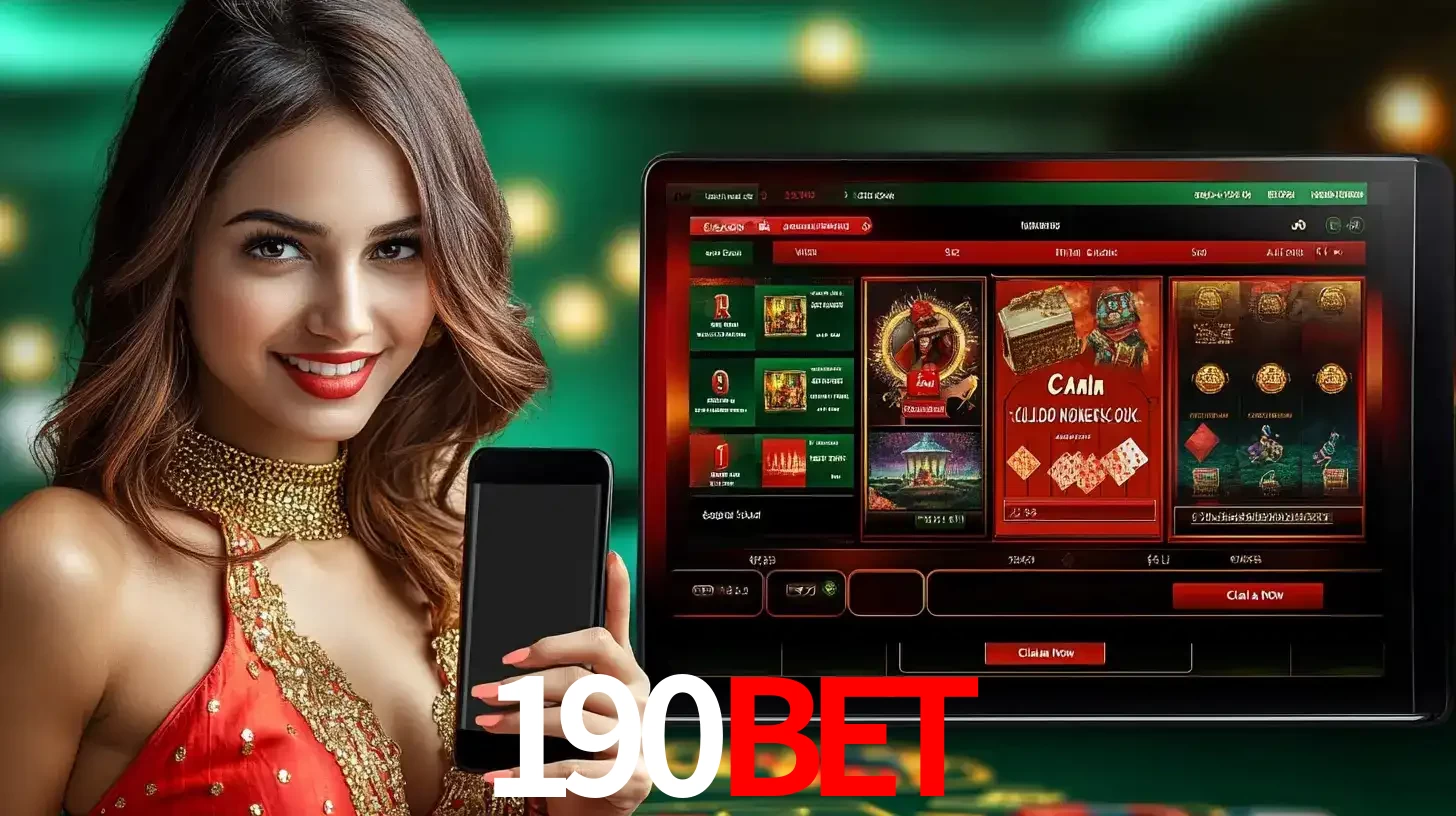 Mulher sorridente segurando um smartphone, ao lado de uma tela exibindo o lobby de jogos do cassino online 190bet, com várias opções de jogos de cartas e slots.